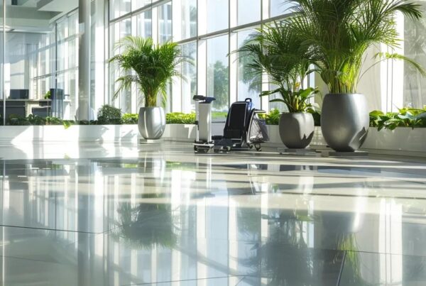 a polished office space featuring professional cleaners efficiently utilizing advanced equipment, showcasing the distinction between commercial cleaning services and standard housekeeping in a corporate setting.
