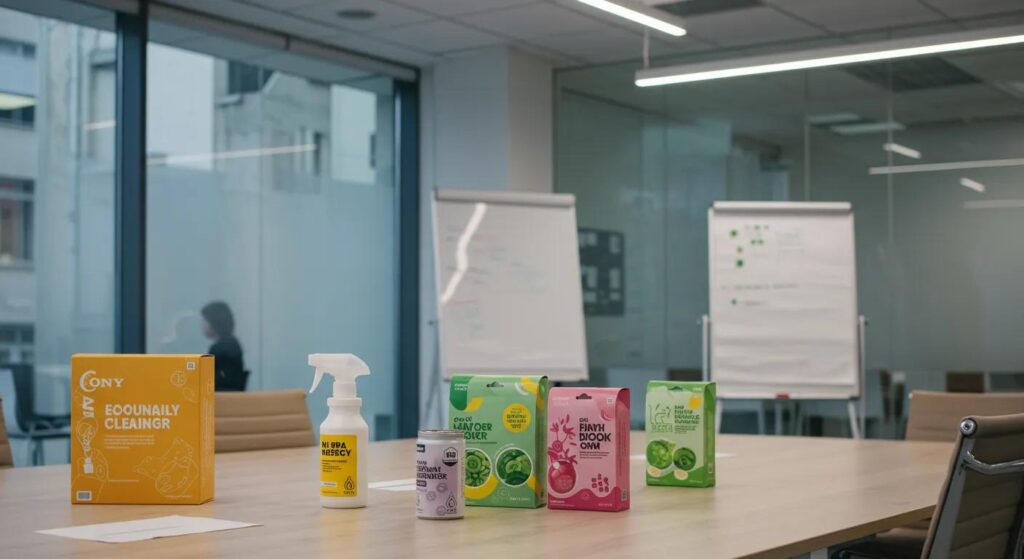 a modern office environment featuring vibrant eco-friendly cleaning solutions artfully arranged on a sleek conference table, illuminated by soft, focused lighting that highlights their innovative packaging.