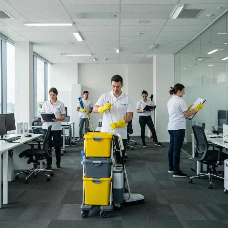 Professional cleaning team maintaining a spotless office environment with eco-friendly products