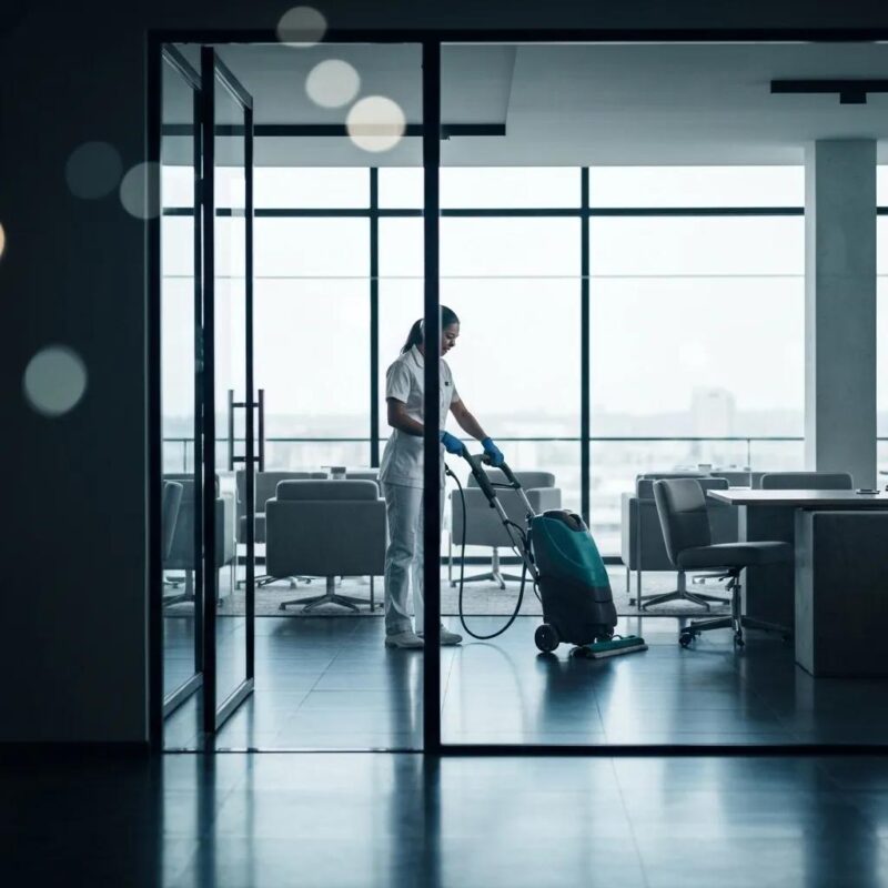 Professional janitor cleaning a modern office space with industrial-grade equipment
